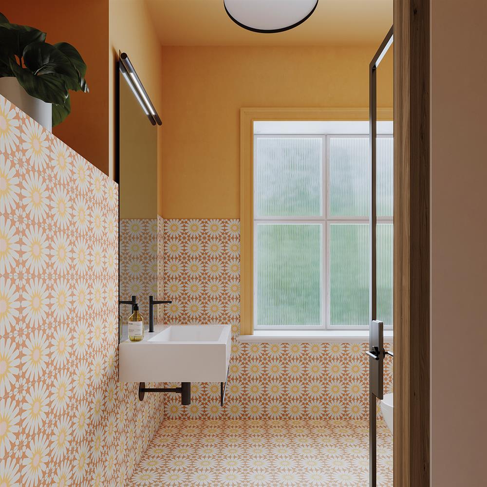 Capri patterned decorative tiles with sunny yellow walls in a bright bathroom